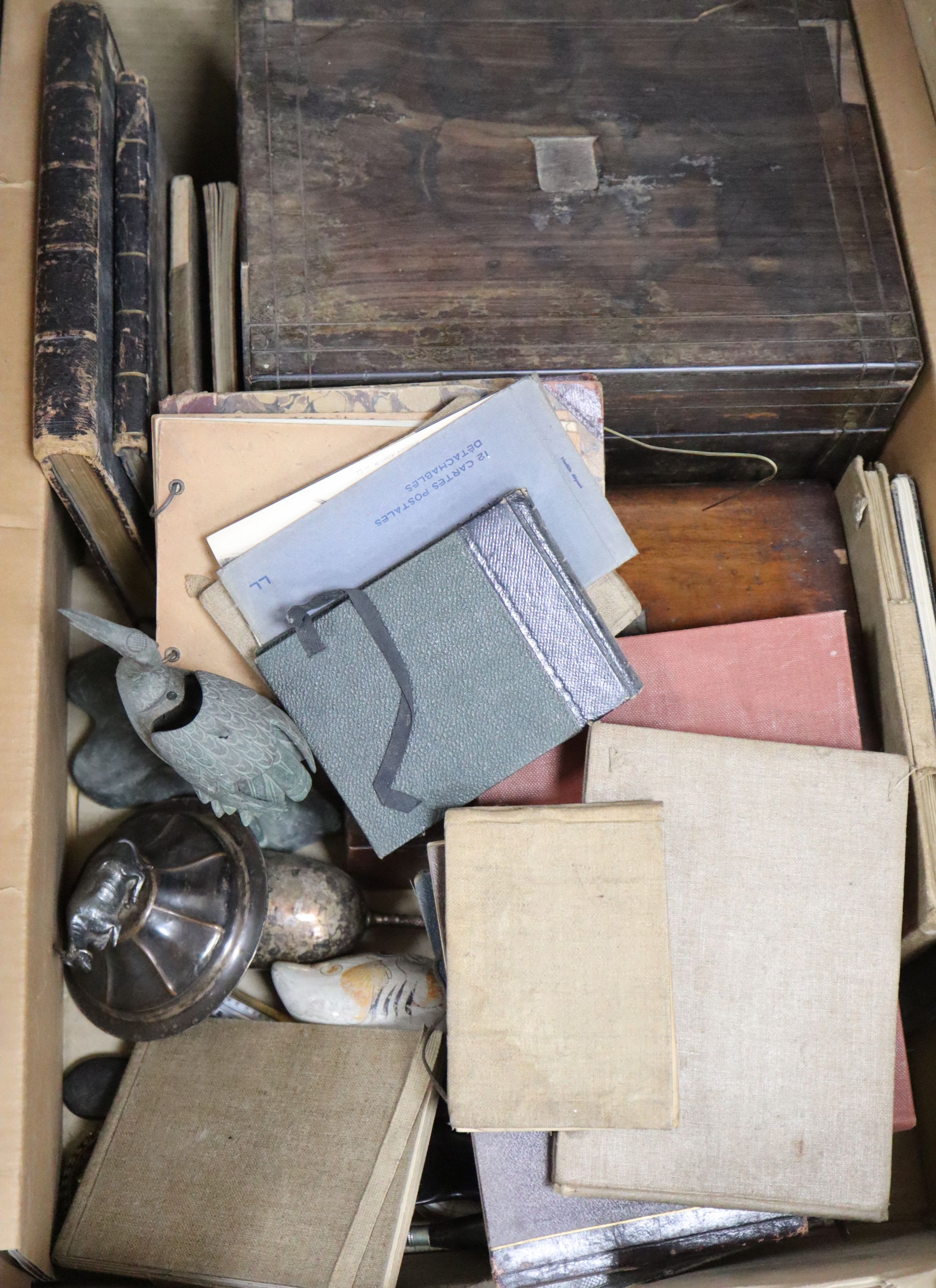 A glass six light chandelier, various betel nut cutters, Polymeter, seventeen various late 19th/early 20th century sketch books etc